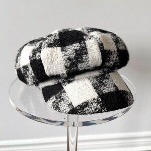 y2k vintage black white plaid print preppy classic tweed newsboy cabbie hat cap